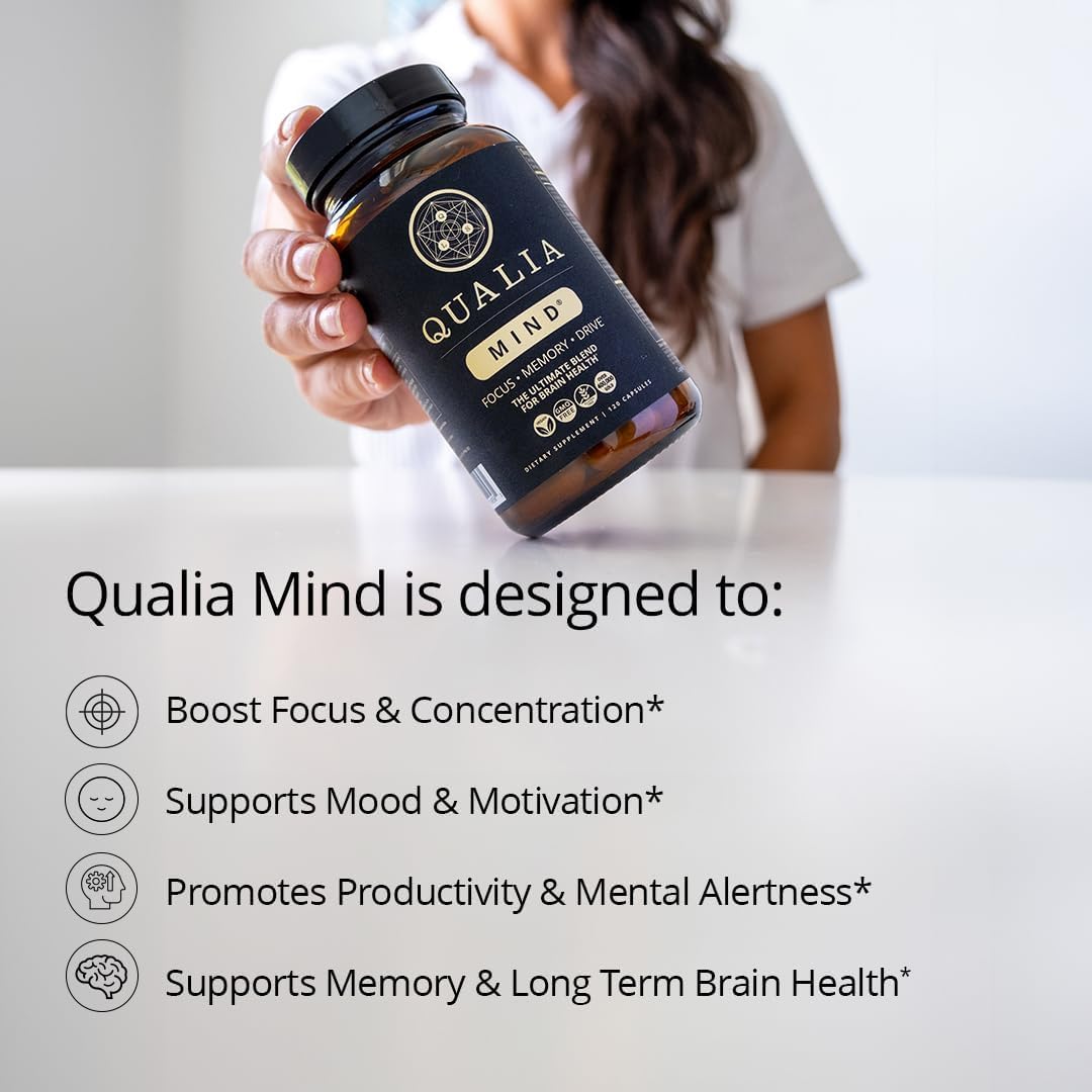 Qualia Mind packaging showing vegan and non GMO product certification seals