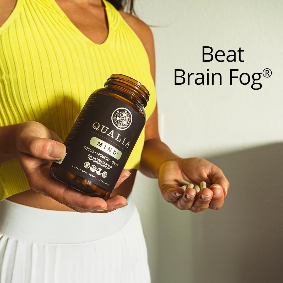 Qualia Mind focus drive energy supplement side panel showing usage guidelines