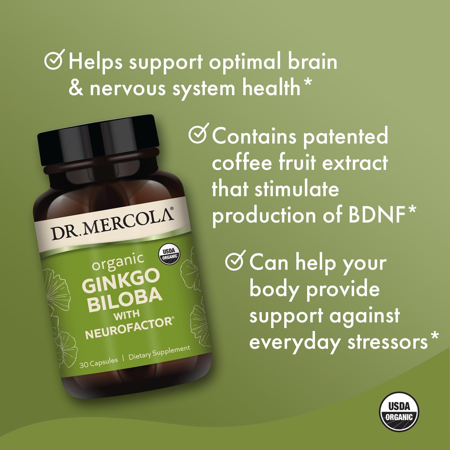 Side view of Dr. Mercola memory and focus supplement featuring patented coffee fruit extract.