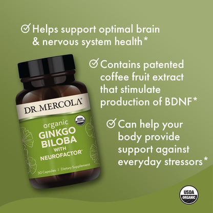 Side view of Dr. Mercola memory and focus supplement featuring patented coffee fruit extract.