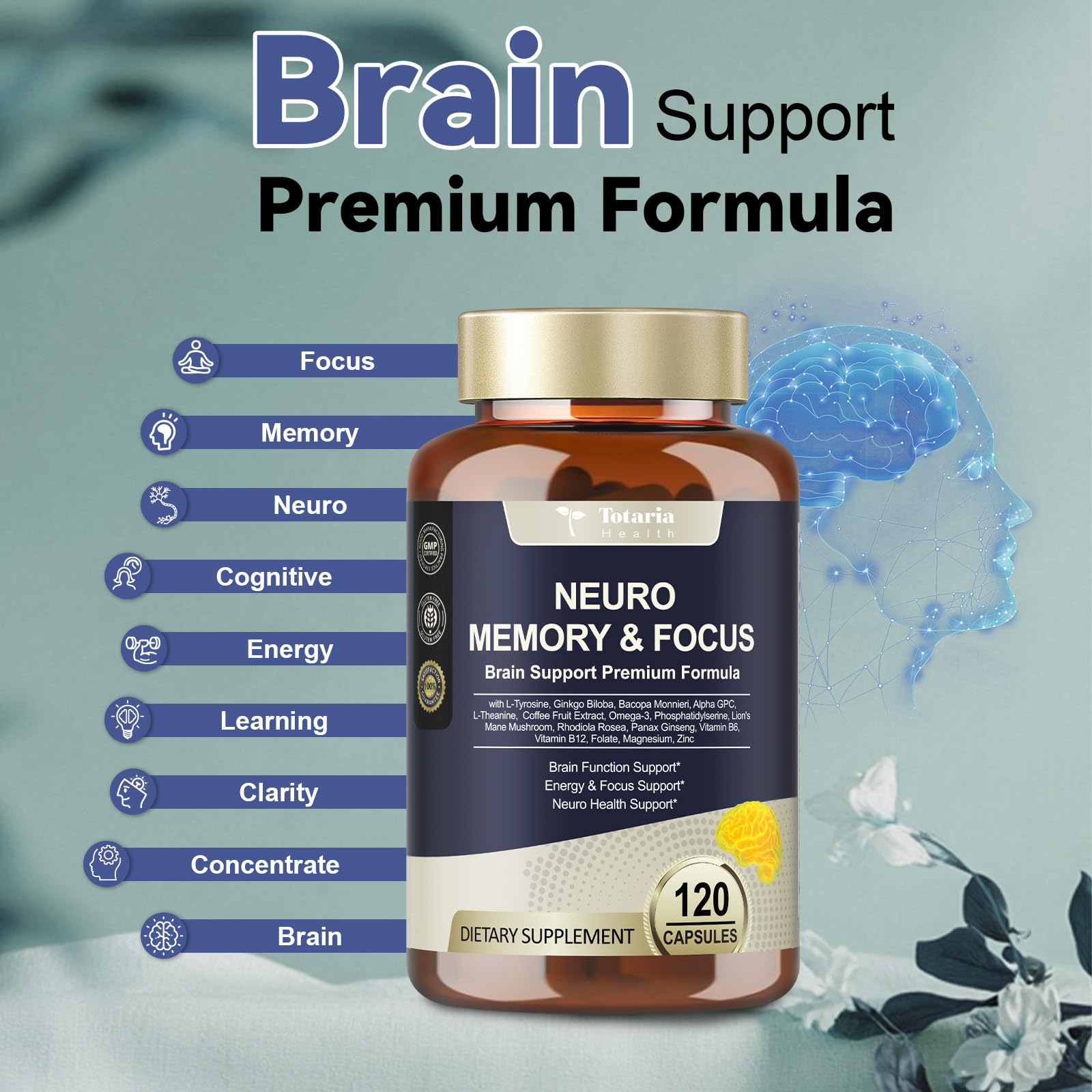 Totaria 25 in 1 brain support formula capsules for cognitive wellness.