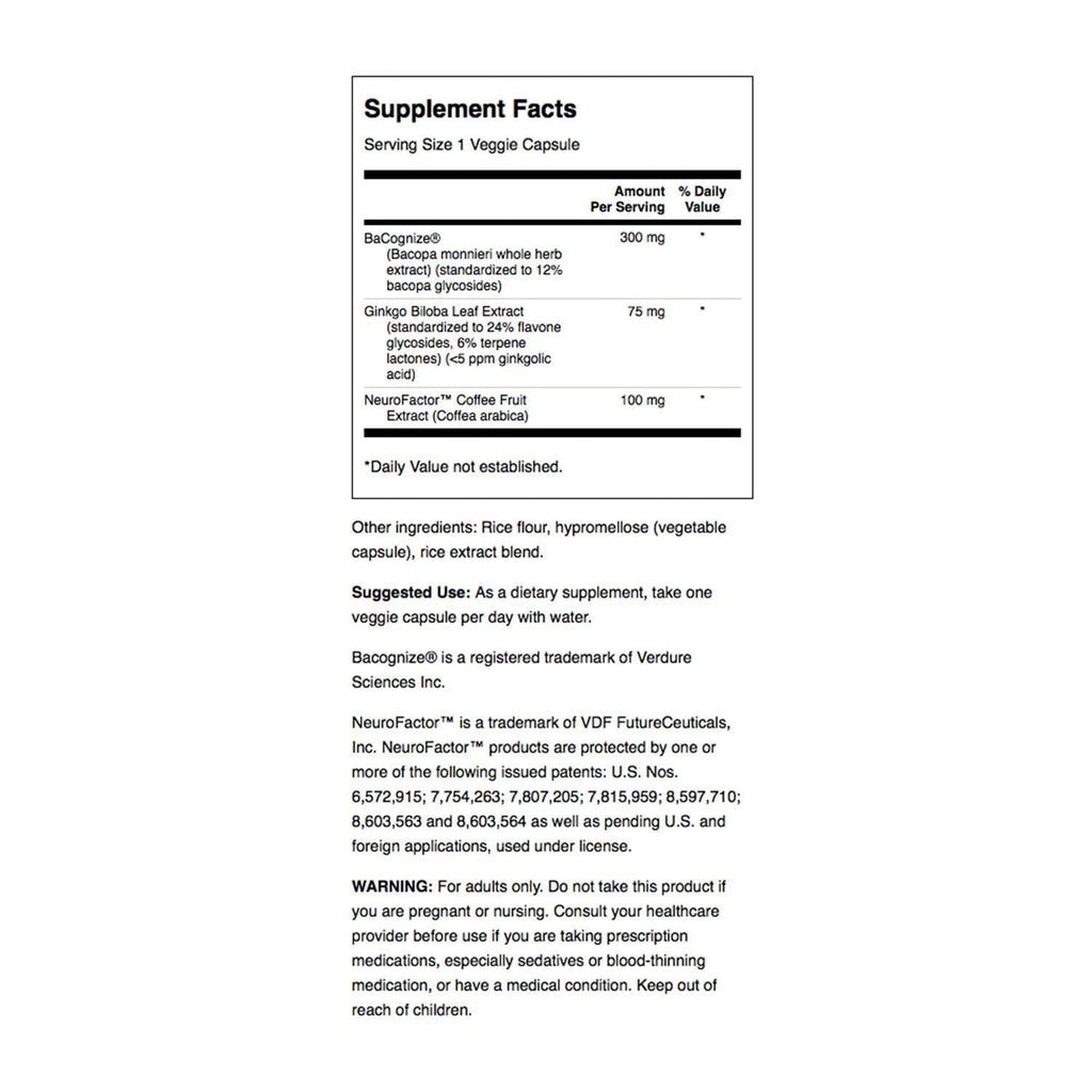 Swanson brain health supplement bottle showcasing supplement facts and premium herbal ingredients