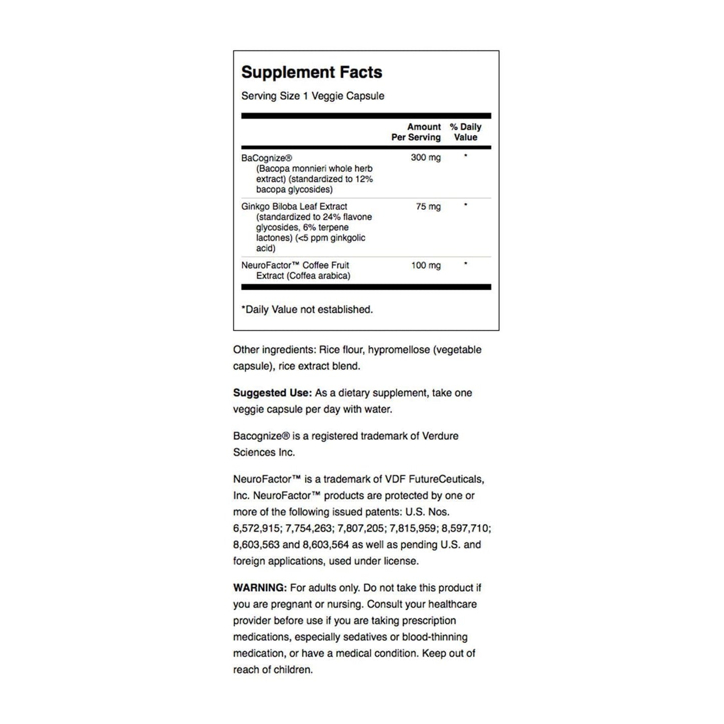 Swanson brain health supplement bottle showcasing supplement facts and premium herbal ingredients