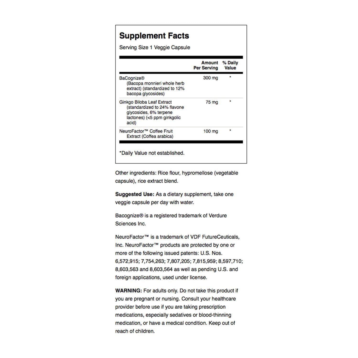 Swanson brain health supplement bottle showcasing supplement facts and premium herbal ingredients