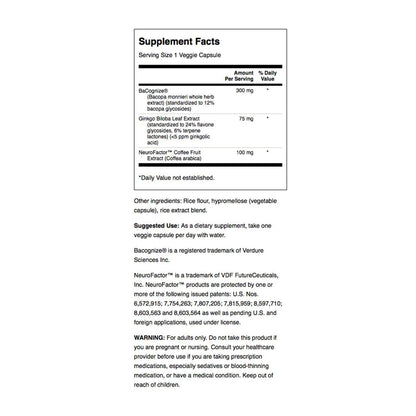 Swanson brain health supplement bottle showcasing supplement facts and premium herbal ingredients