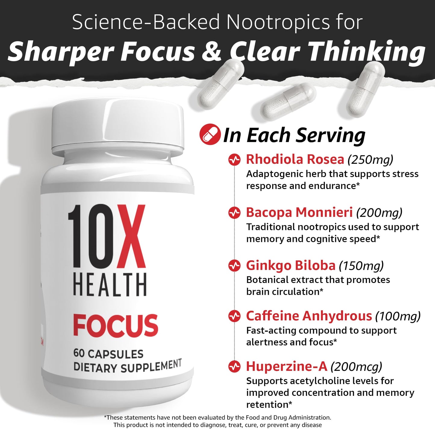 Authentic USA imported 10X Health Focus brain energy supplement bottle