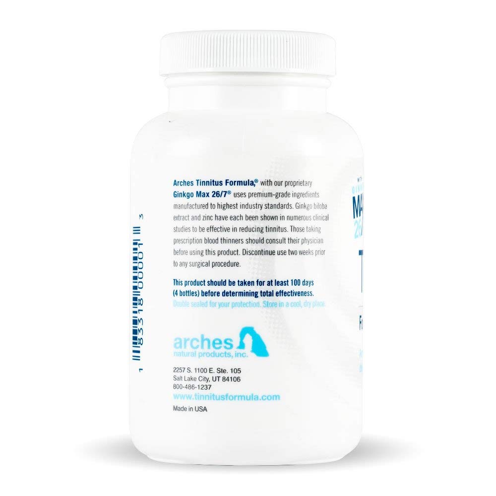Side angle of Arches Tinnitus Formula bottle highlighting premium Ginkgo Max 26/7 extract details.