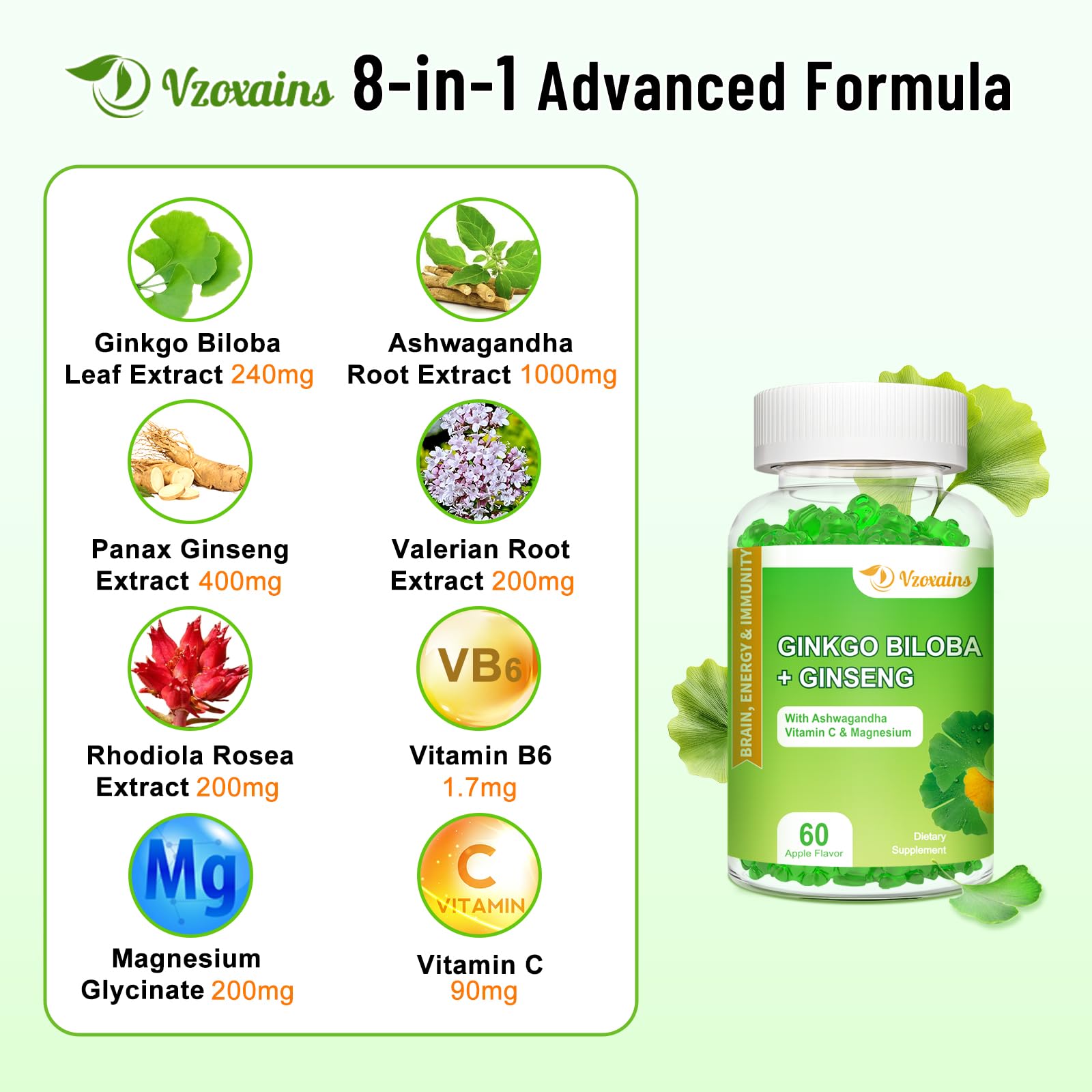VZOXAINS apple flavored vegan gummies close up visual showing green supplement pieces