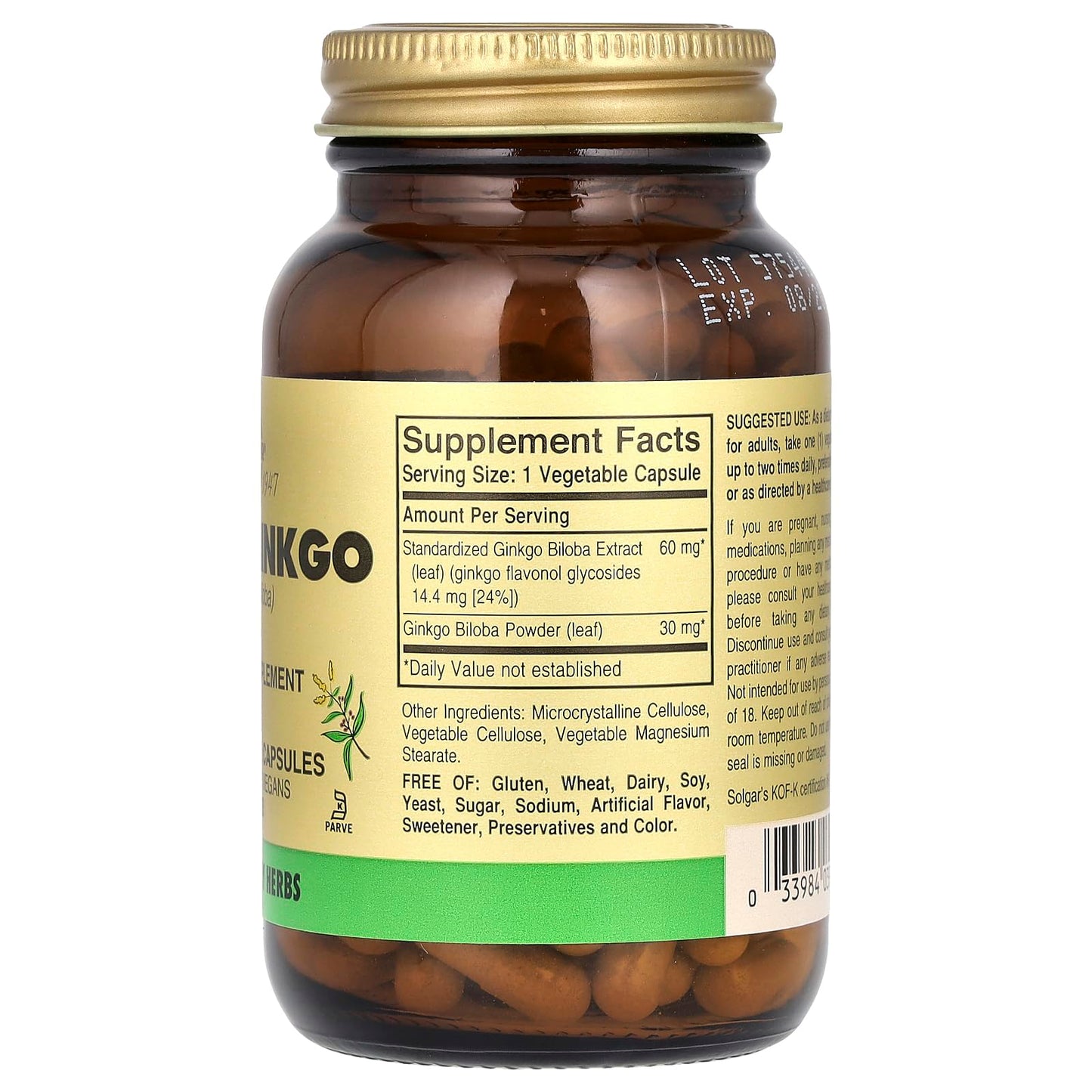 Solgar imported Ginkgo Biloba herbal supplement facts label showing non-GMO certified ingredients.