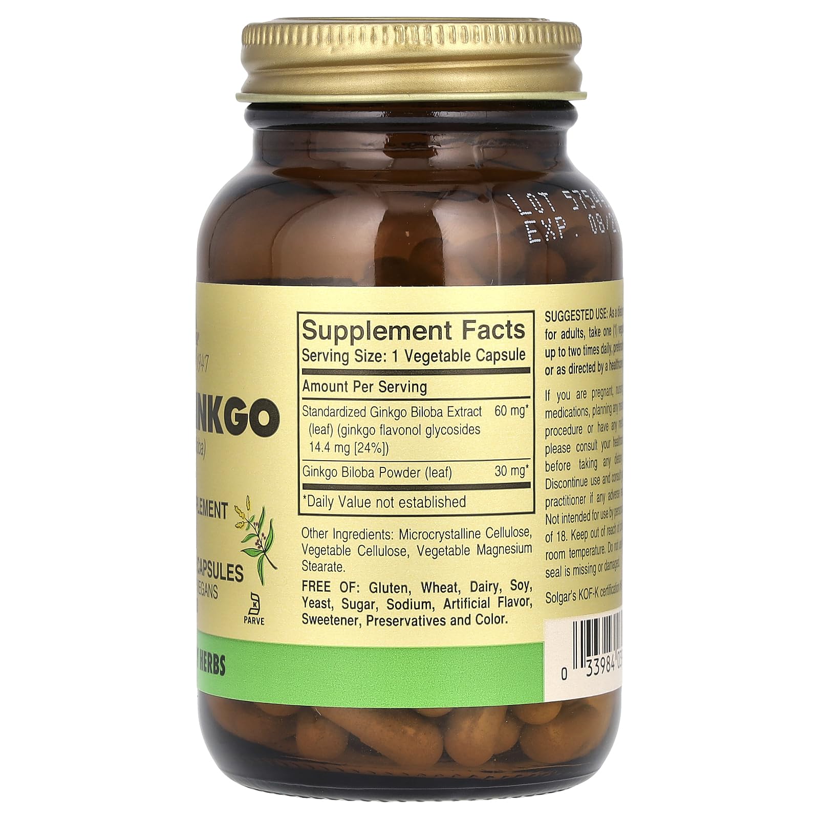 Solgar imported Ginkgo Biloba herbal supplement facts label showing non-GMO certified ingredients.