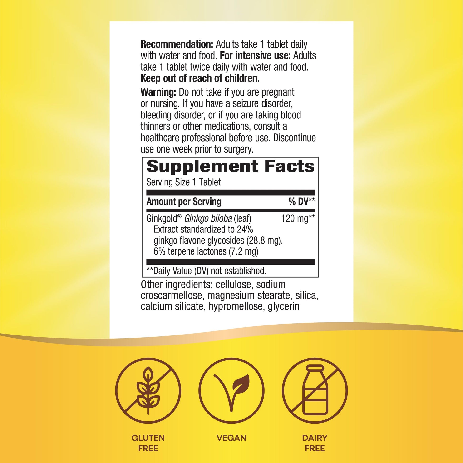Nature's Way Ginkgold Max vegan gluten-free ginkgo biloba tablets ingredient list panel