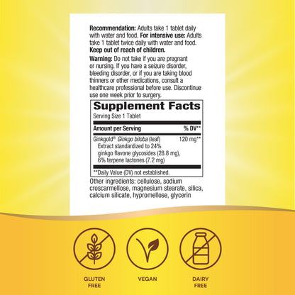 Nature's Way Ginkgold Max vegan gluten-free ginkgo biloba tablets ingredient list panel
