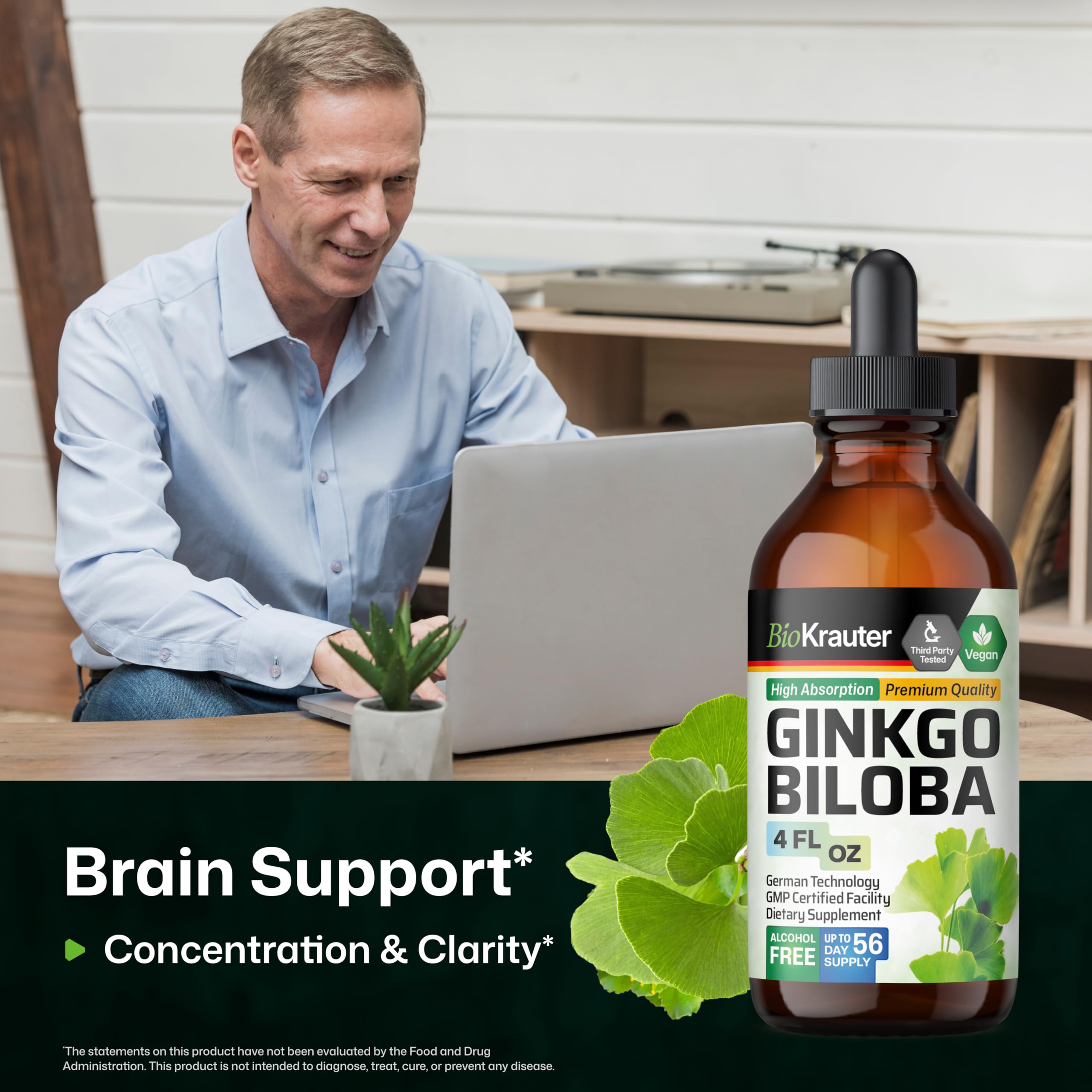 Bio Krauter Ginkgo Biloba four fluid ounce bottle showing dropper applicator