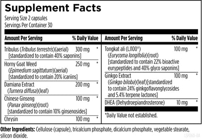 Designs for Health LibidoStim F ingredient label detailing Tribulus, DHEA, and Ginkgo Biloba amounts.