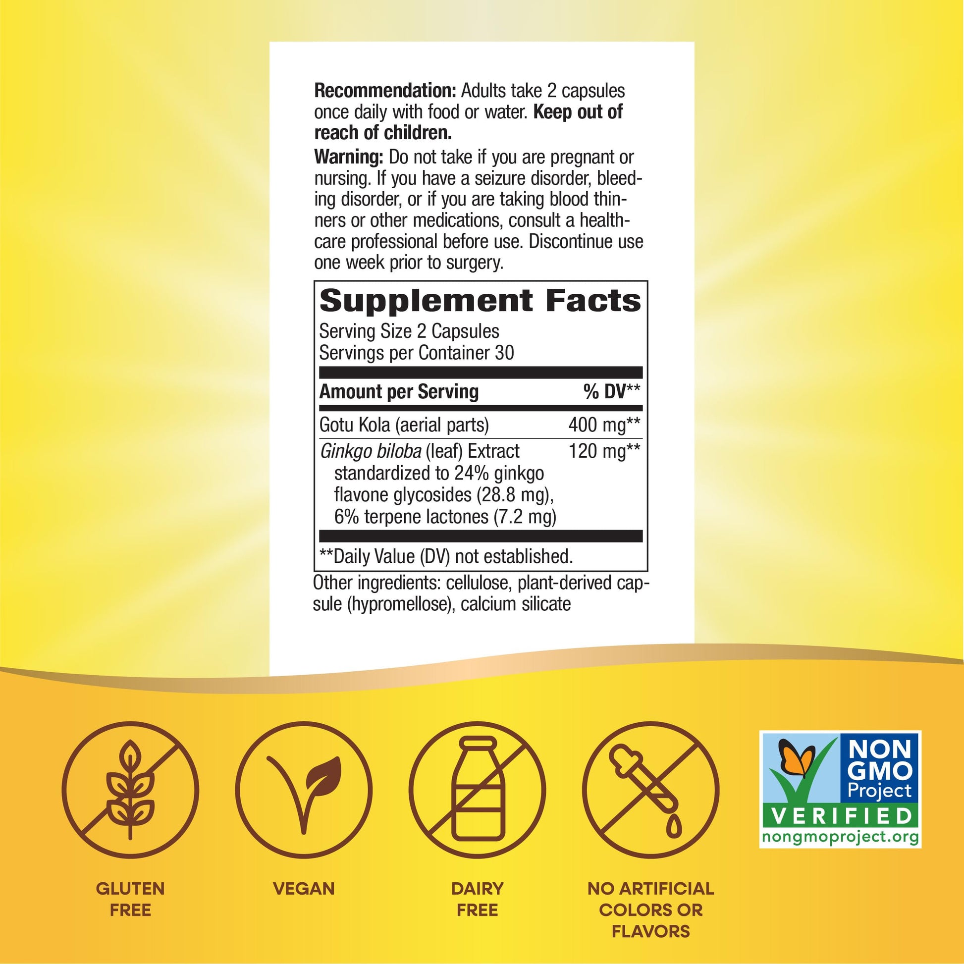 Nature's Way Ginkgo Premium Extract bottle showing Non-GMO and gluten-free labels
