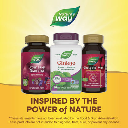 Nature's Way Ginkgo 60 capsules packaging highlighting healthy circulation benefits