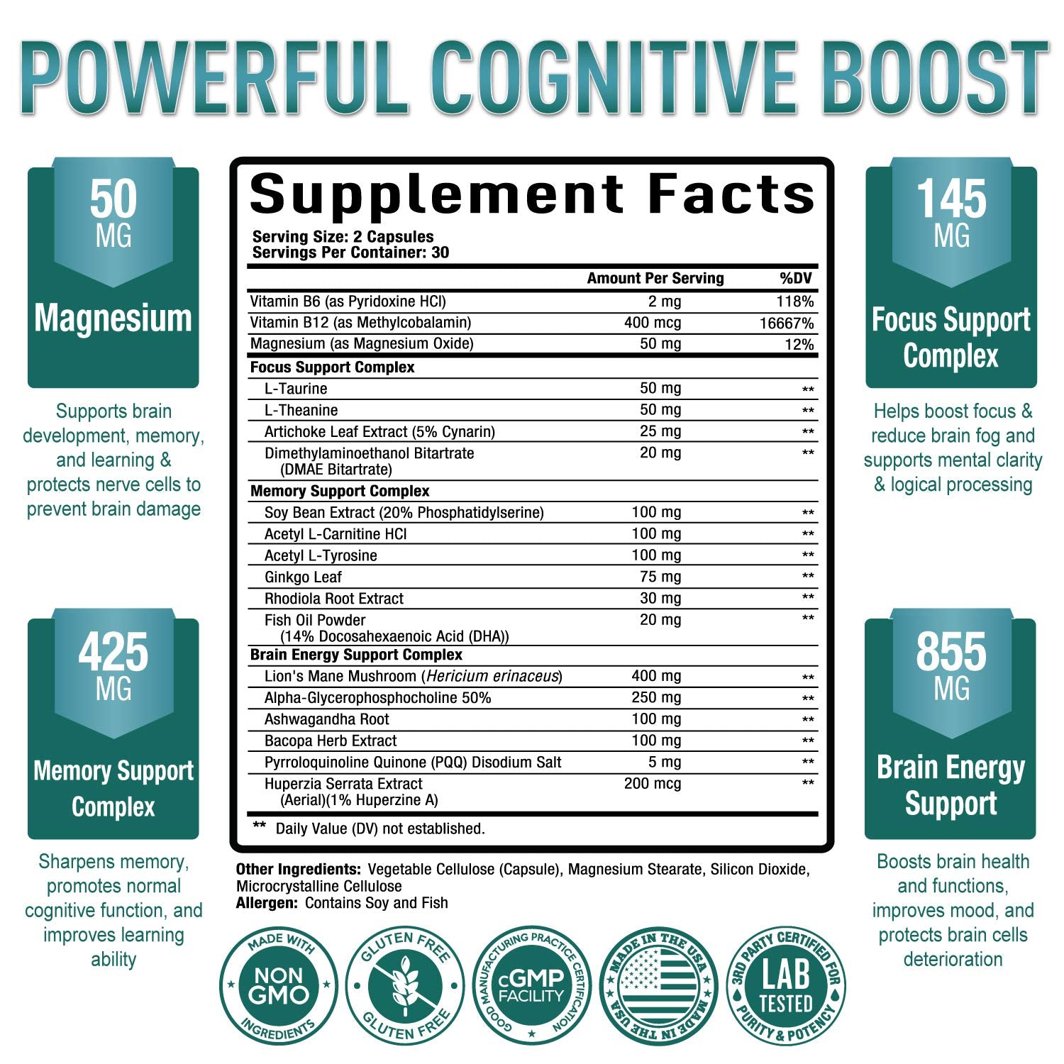 Purely Optimal memory supplement packaging detailing the premium nootropic ingredients for cognitive support