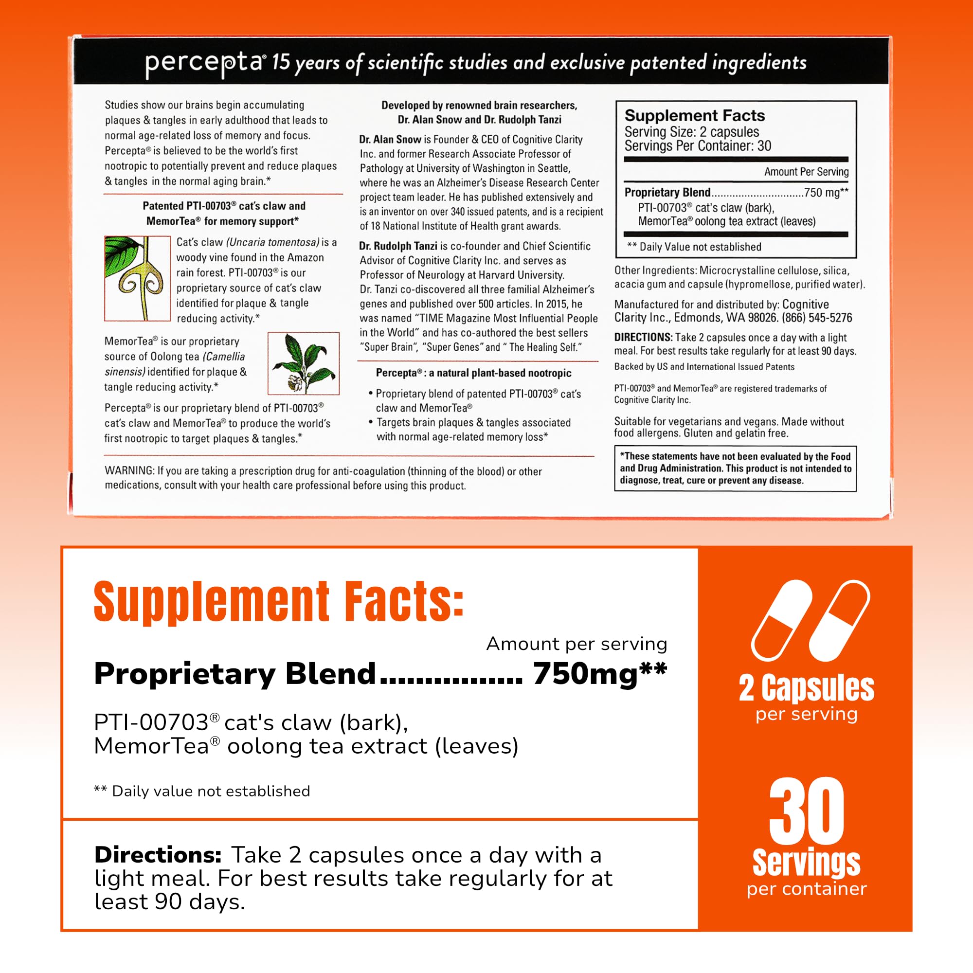 Percepta natural nootropic supplement packaging showing patented cat's claw ingredient details.