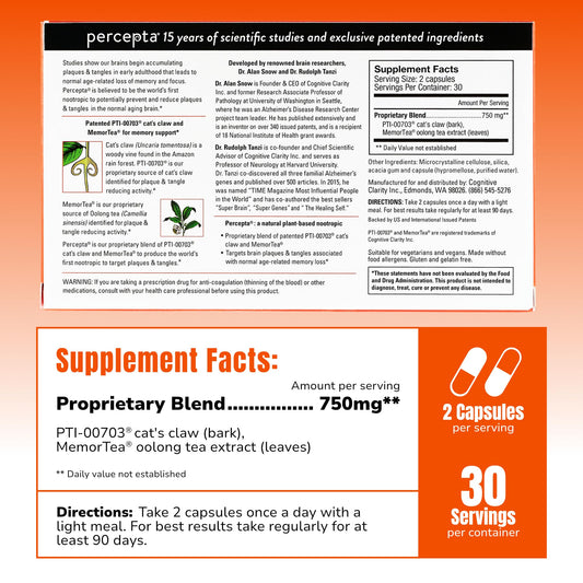 Percepta natural nootropic supplement packaging showing patented cat's claw ingredient details.