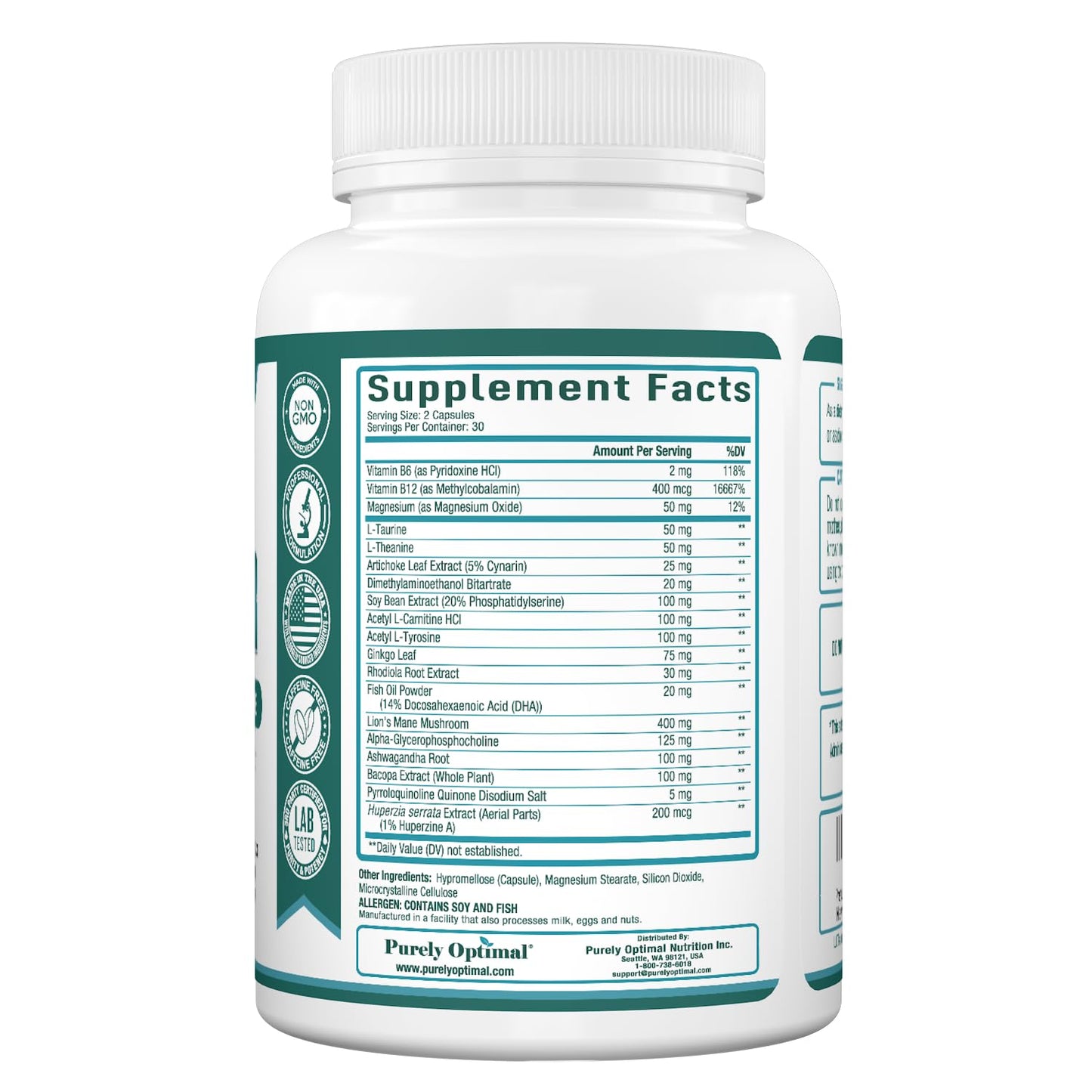 Close-up of the supplement label highlighting the Alpha-GPC and Lion's Mane mushroom blend