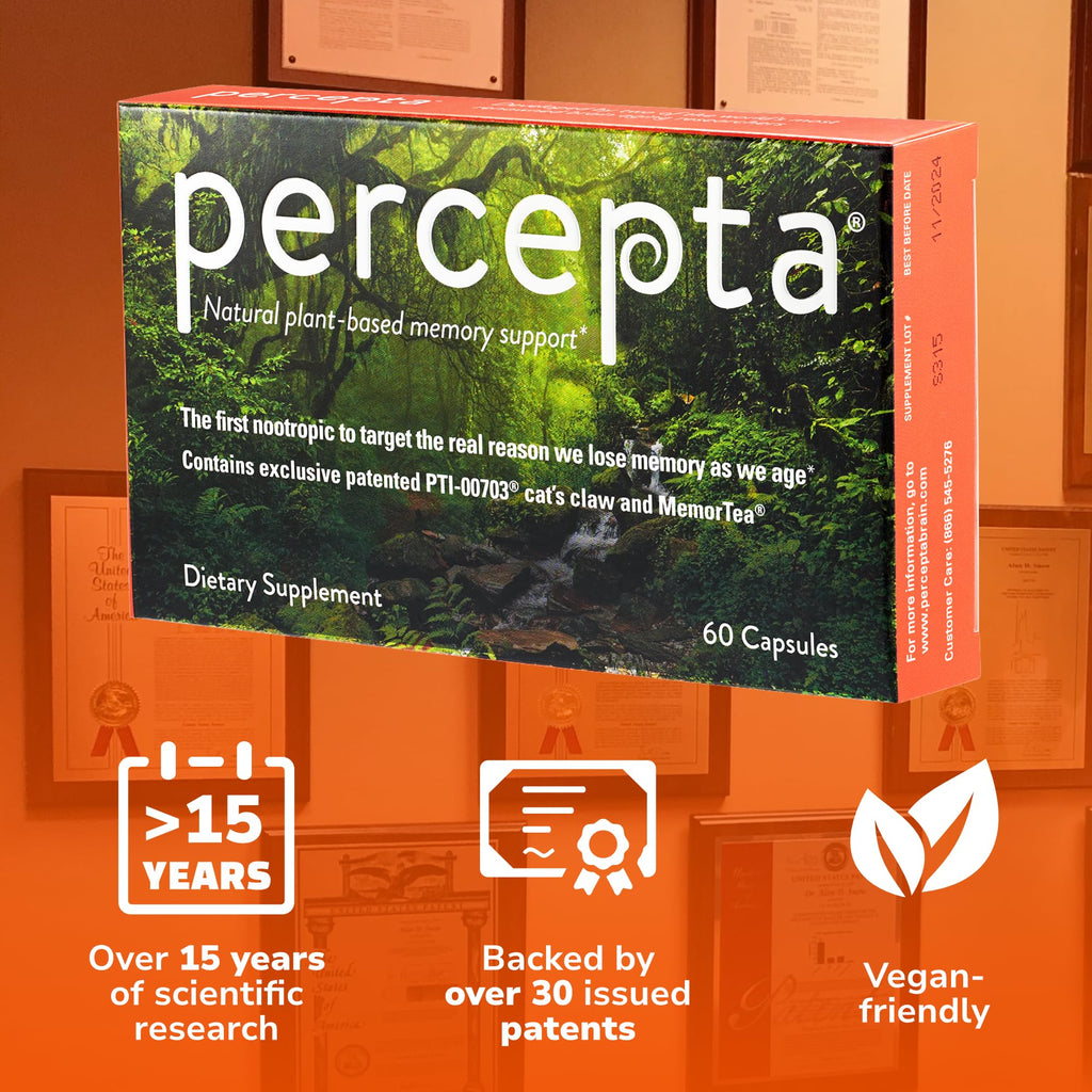 Percepta brain booster capsules supplement facts and daily usage instructions side view.