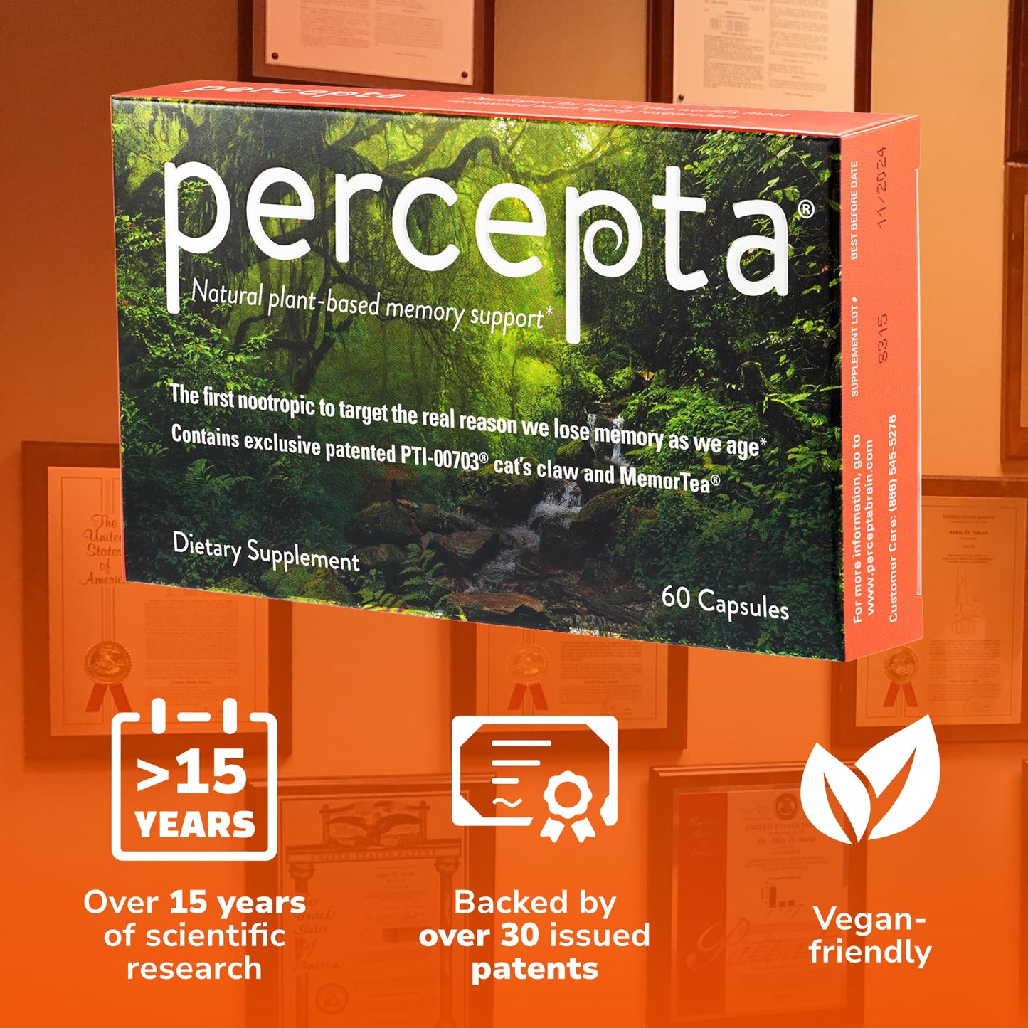Percepta brain booster capsules supplement facts and daily usage instructions side view.