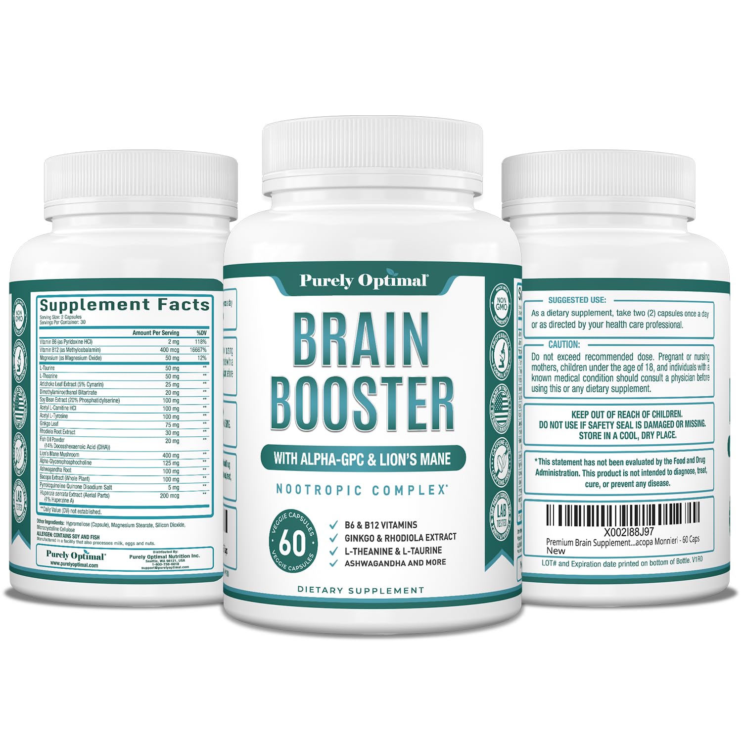 Premium jitter-free energy nootropic bottle showing clean supplement facts and daily usage instructions