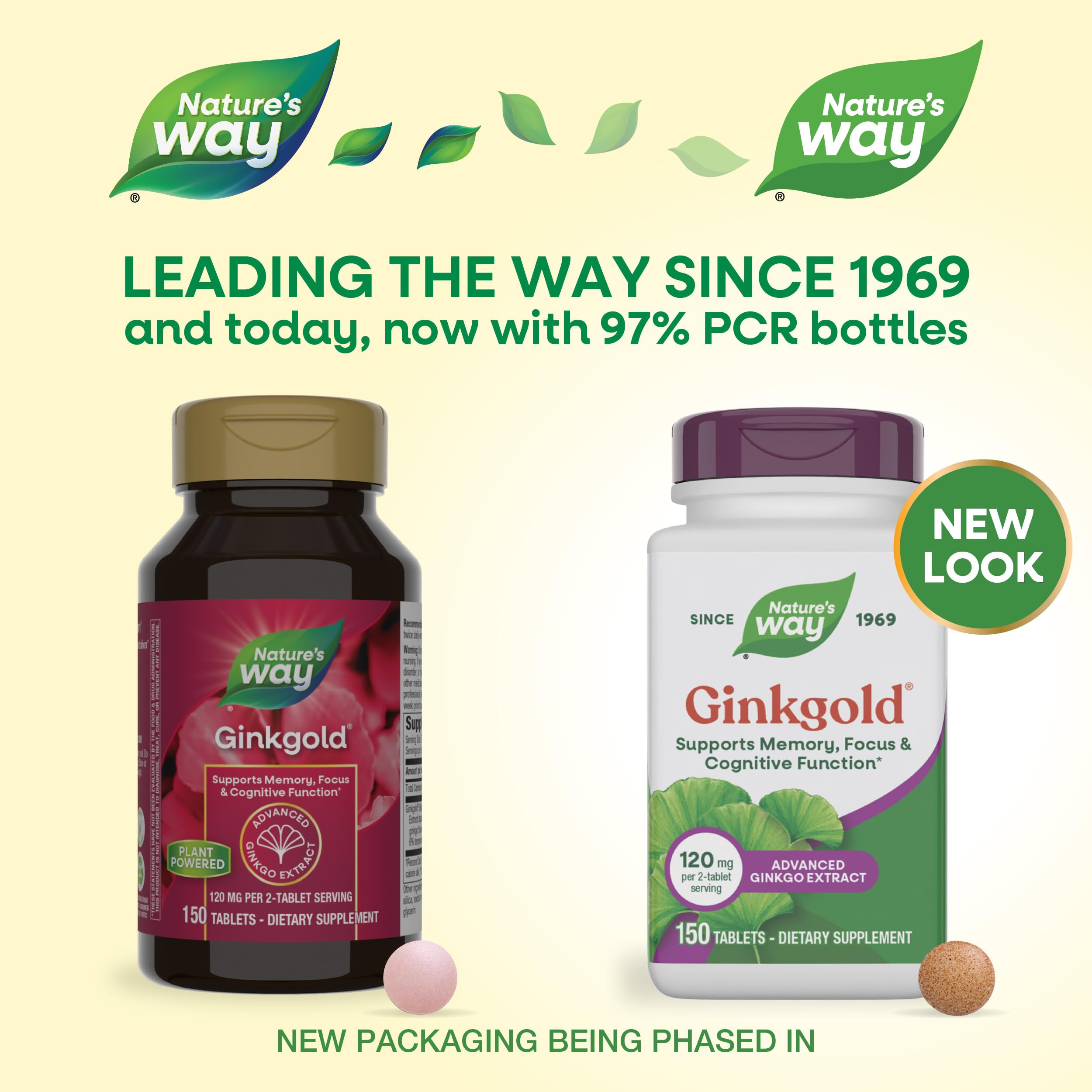 Side angle of the Nature's Way Ginkgold bottle highlighting the vegan and gluten-free product labels