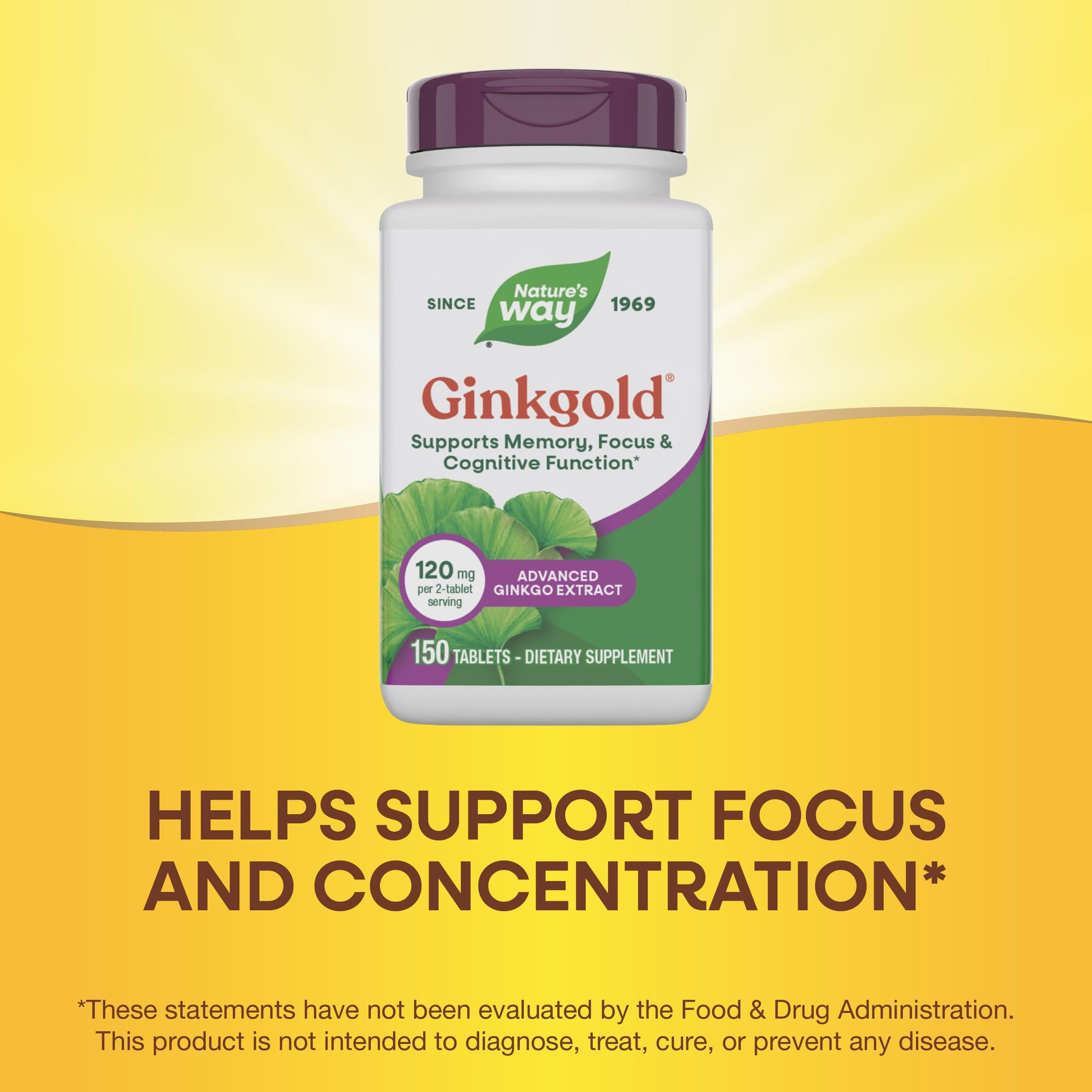 Close up view of the 150 tablets container focusing on the standardized ginkgo biloba quality seal