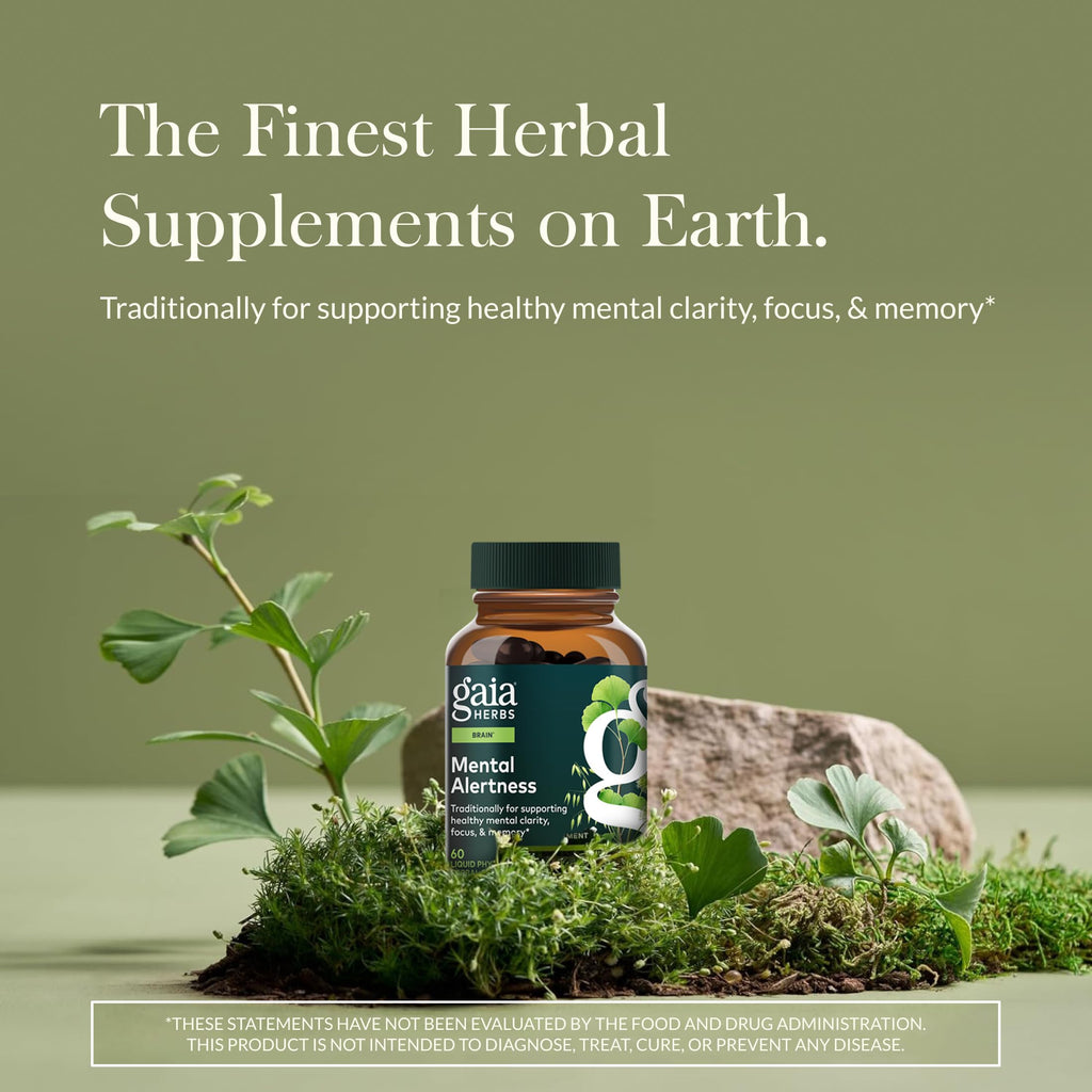 Gaia Herbs Brain Support supplement bottle showing supplement facts and ingredient list