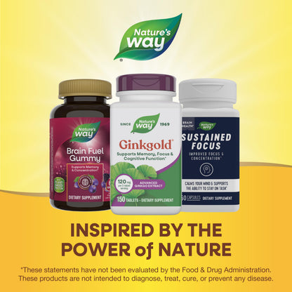 Full layout of Nature's Way Ginkgold 150 tablets bottle emphasizing its brain circulation benefits