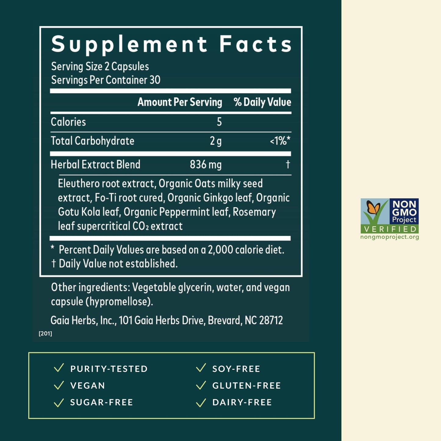 Vegan liquid phyto capsules of Gaia Herbs Mental Alertness displayed next to packaging