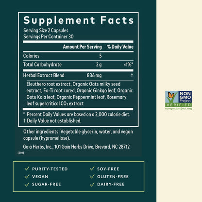 Vegan liquid phyto capsules of Gaia Herbs Mental Alertness displayed next to packaging