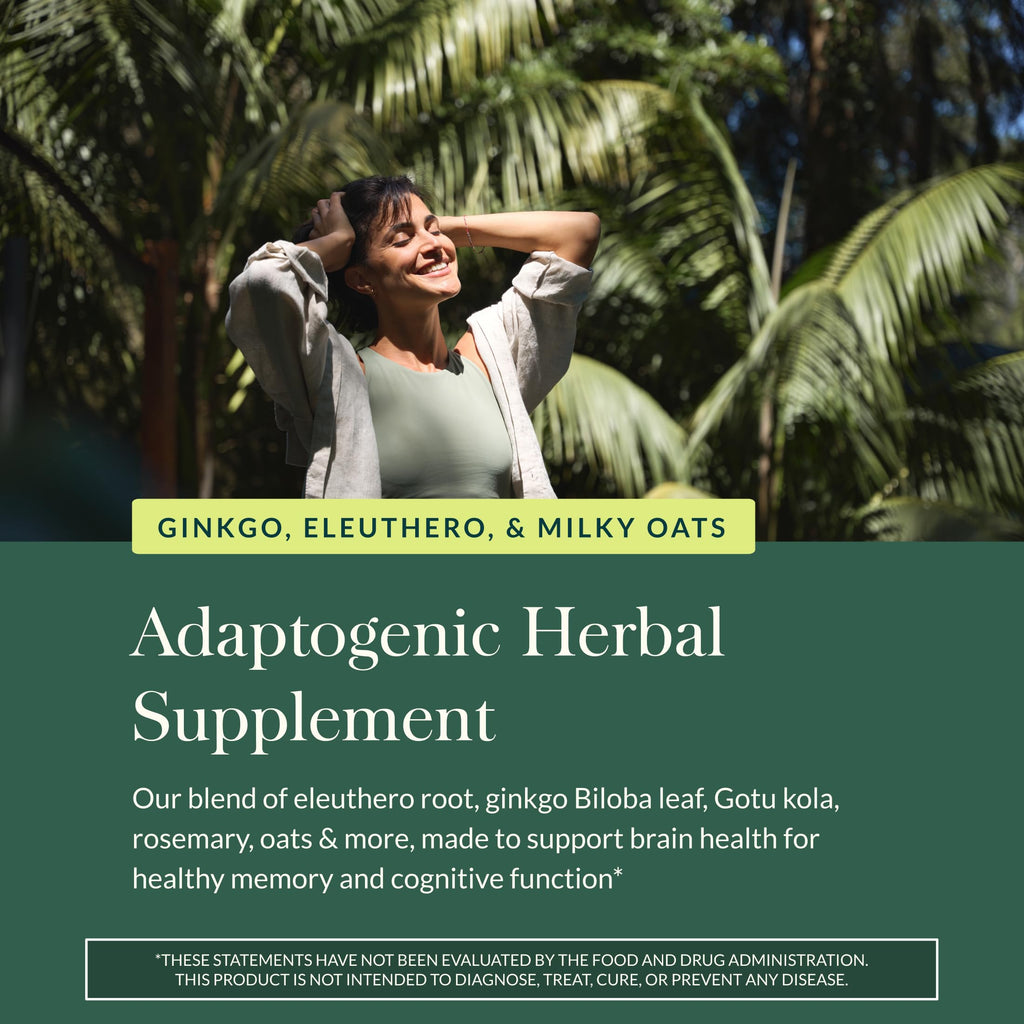 Caffeine free brain booster Gaia Herbs Mental Alertness packaging close up details