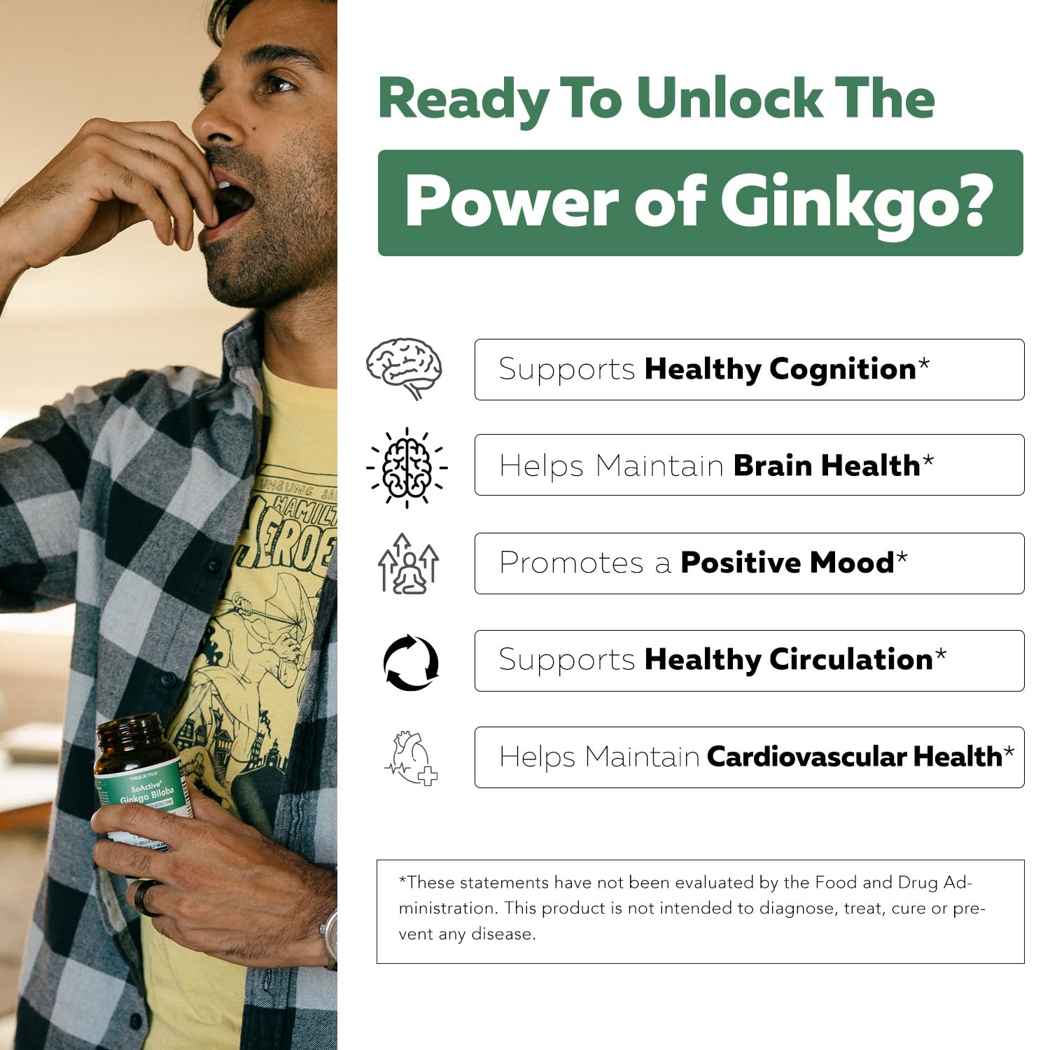Triquetra Health SoActive Ginkgo Biloba bottle highlighting the clinically studied dosage layout