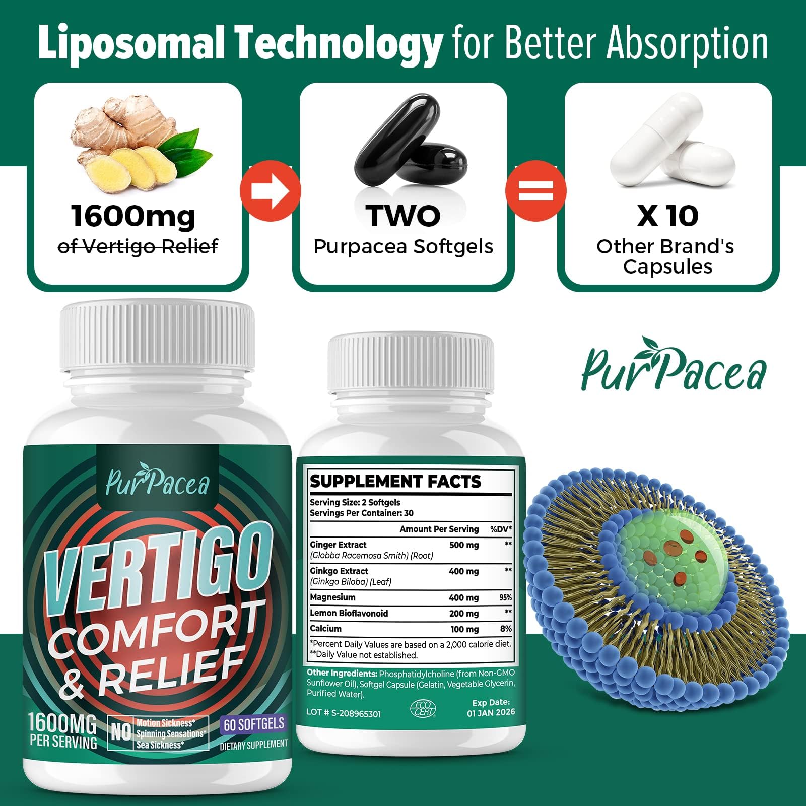 Purpacea vertigo capsules packaging details highlighting ginkgo biloba, ginger extract, and magnesium ingredients.