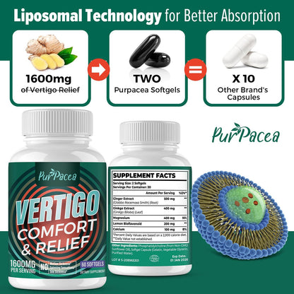 Purpacea vertigo capsules packaging details highlighting ginkgo biloba, ginger extract, and magnesium ingredients.