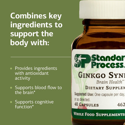 Side profile of Standard Process Ginkgo Synergy 40 capsules supplement highlighting cognitive health features.