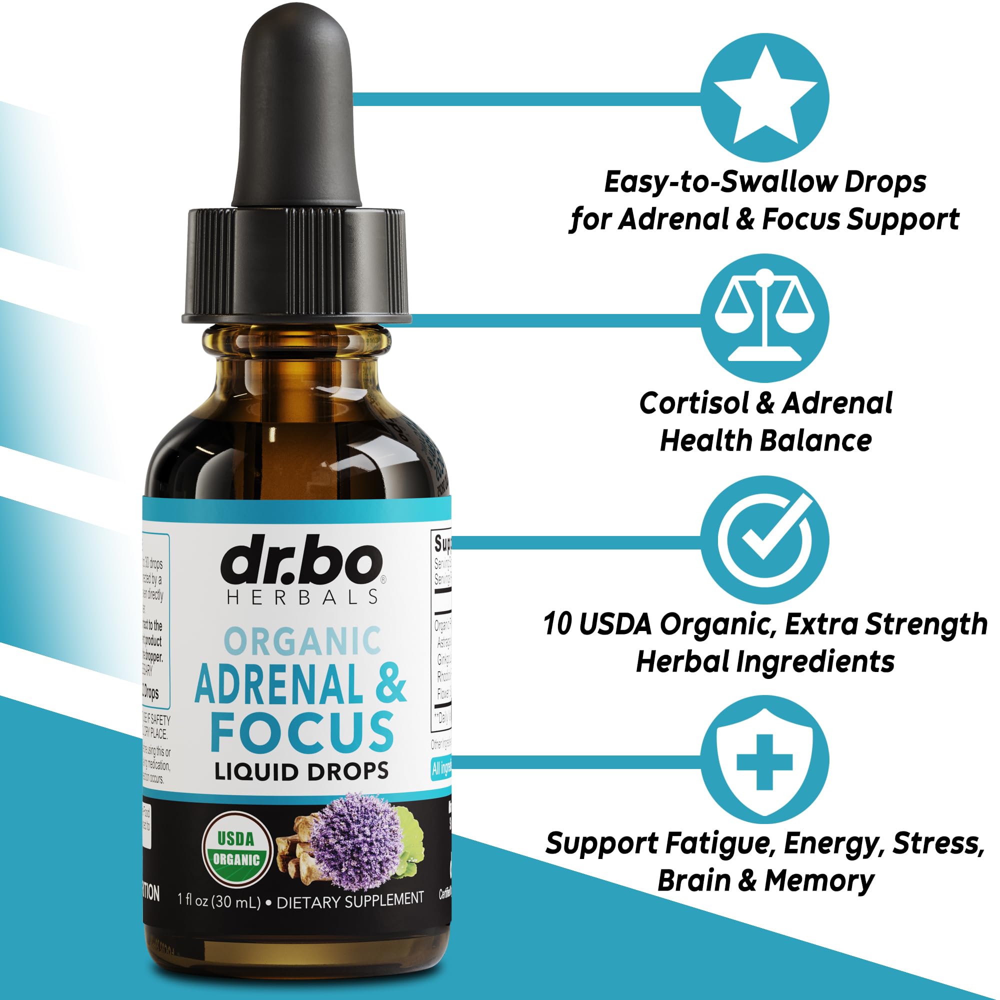 DR. BO Cortisol Manager Liquid Supplement dropper showing clear herbal liquid tincture.