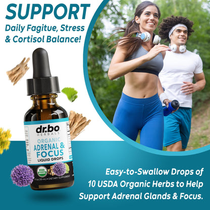 DR. BO Adrenal and Focus Drops nutritional facts label displaying certified organic ingredients.