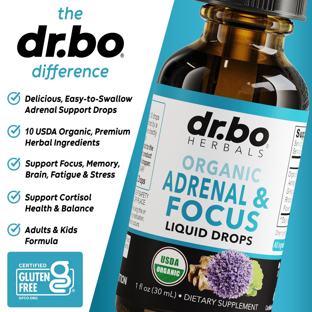 DR. BO Organic Adrenal Support Supplement packaging showing vegan and gluten free certifications.
