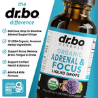 DR. BO Organic Adrenal Support Supplement packaging showing vegan and gluten free certifications.