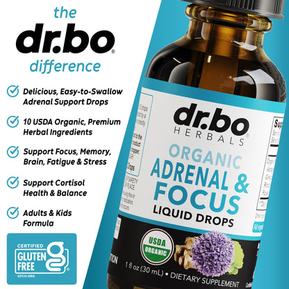 DR. BO Organic Adrenal Support Supplement packaging showing vegan and gluten free certifications.