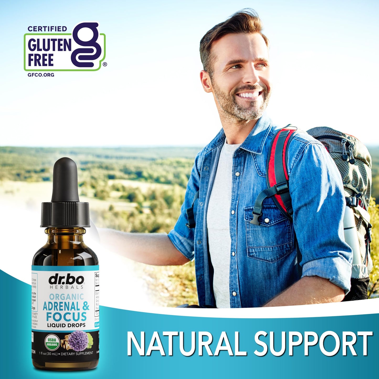 Person holding DR. BO Cortisol Manager One Fluid Ounce bottle for daily brain fog relief.