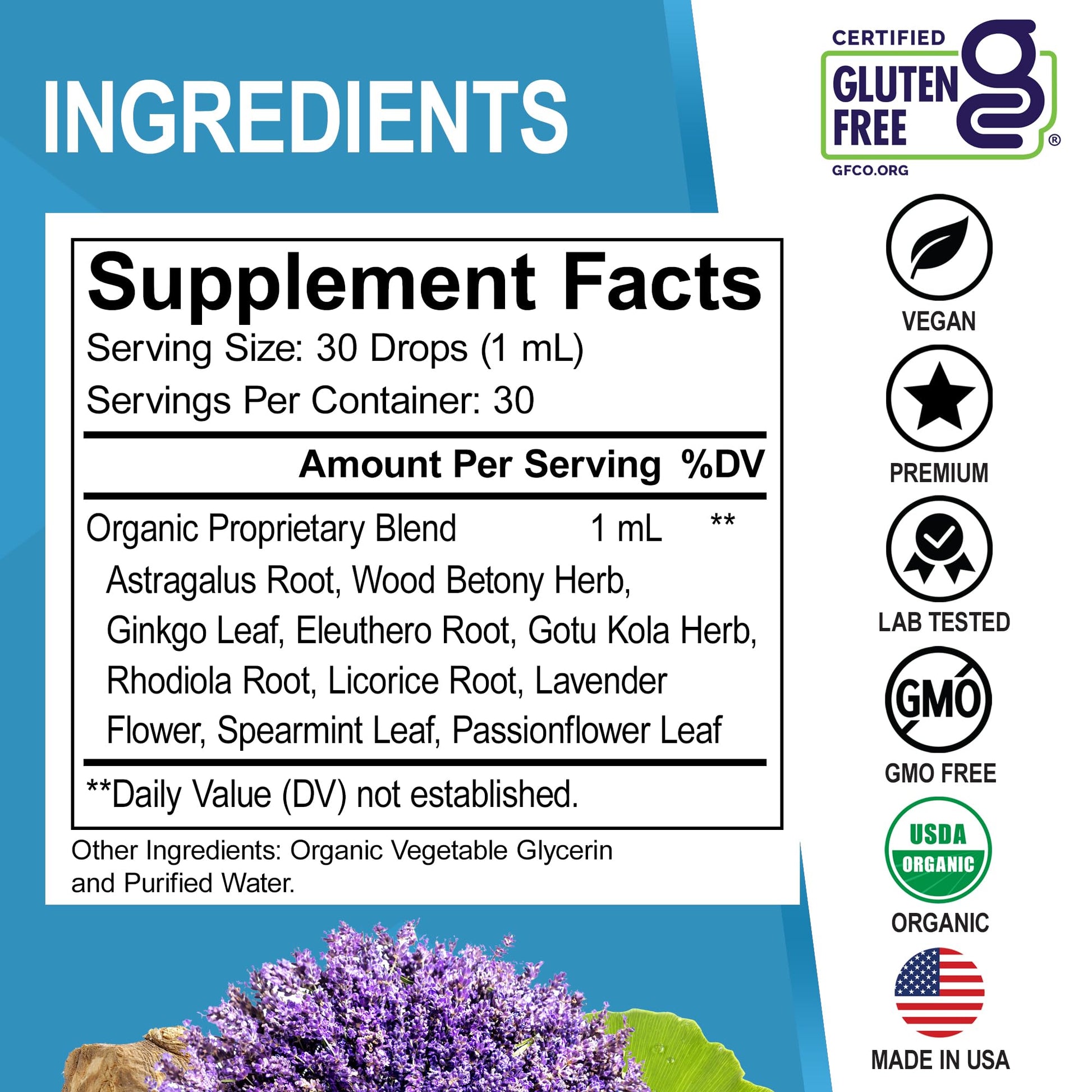 DR. BO Herbals Adrenal Fatigue liquid drops next to fresh organic herbs representation.