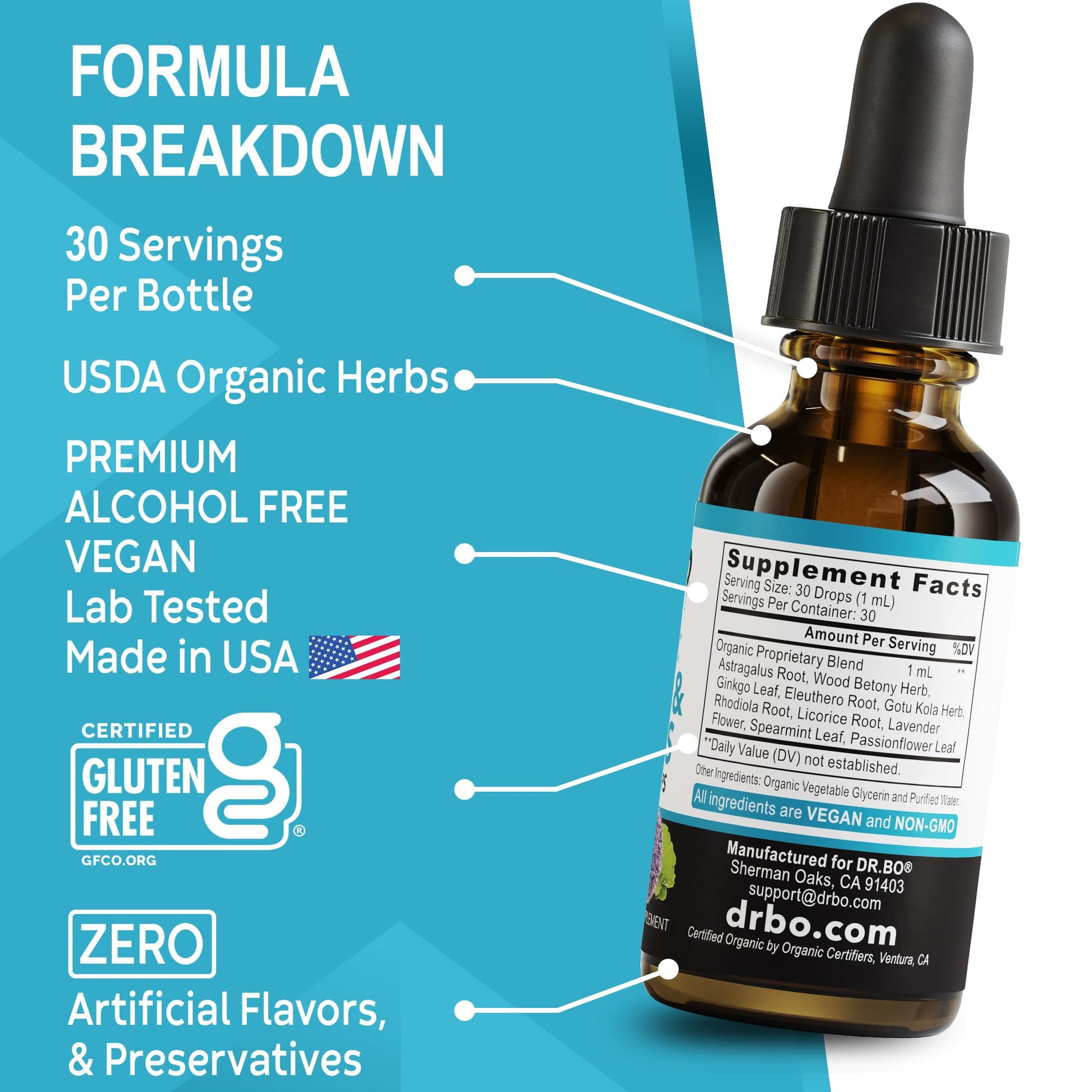 DR. BO Organic Adrenal and Focus Liquid Drops lifestyle image showing daily health wellness routine.