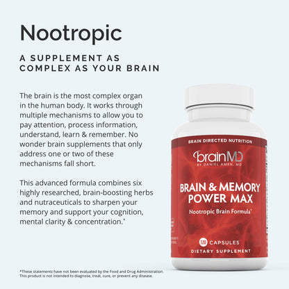 USA imported BrainMD Dr Amen memory booster supplement bottle demonstrating dosage instructions
