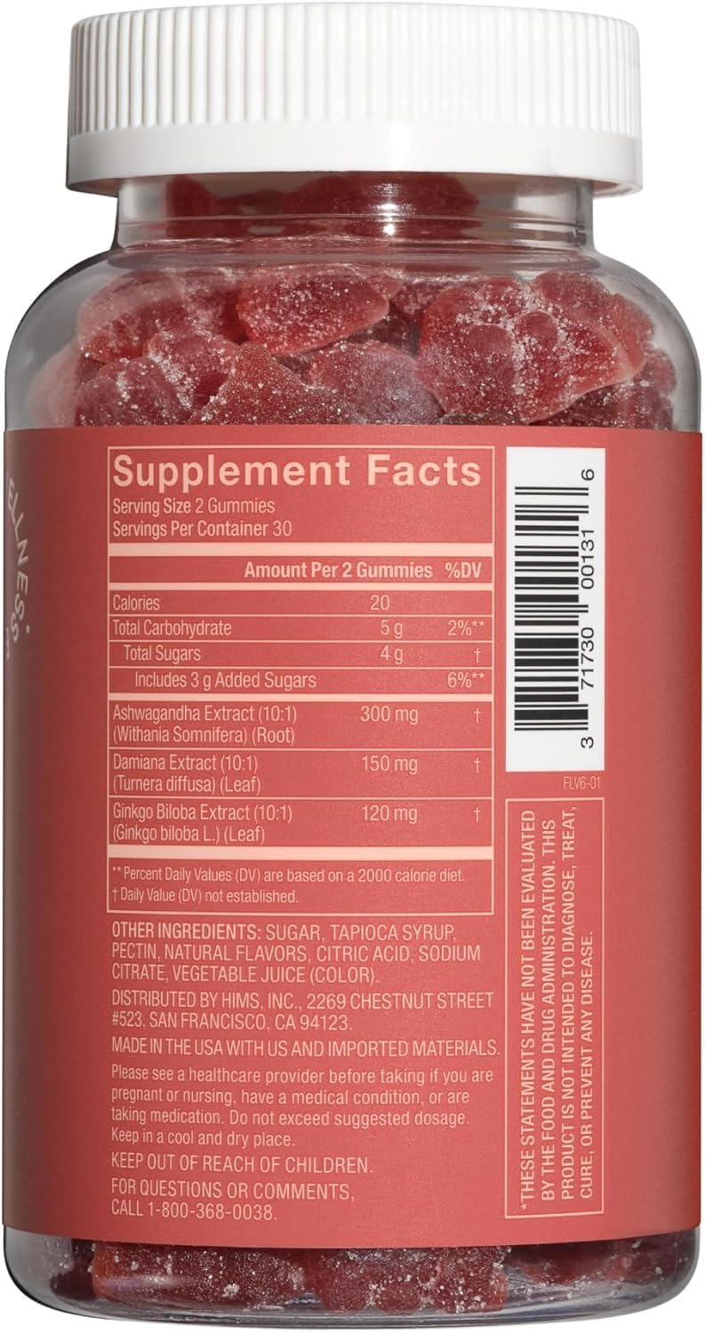Hers strawberry flavored libido gummies for women side view showing supplement facts.