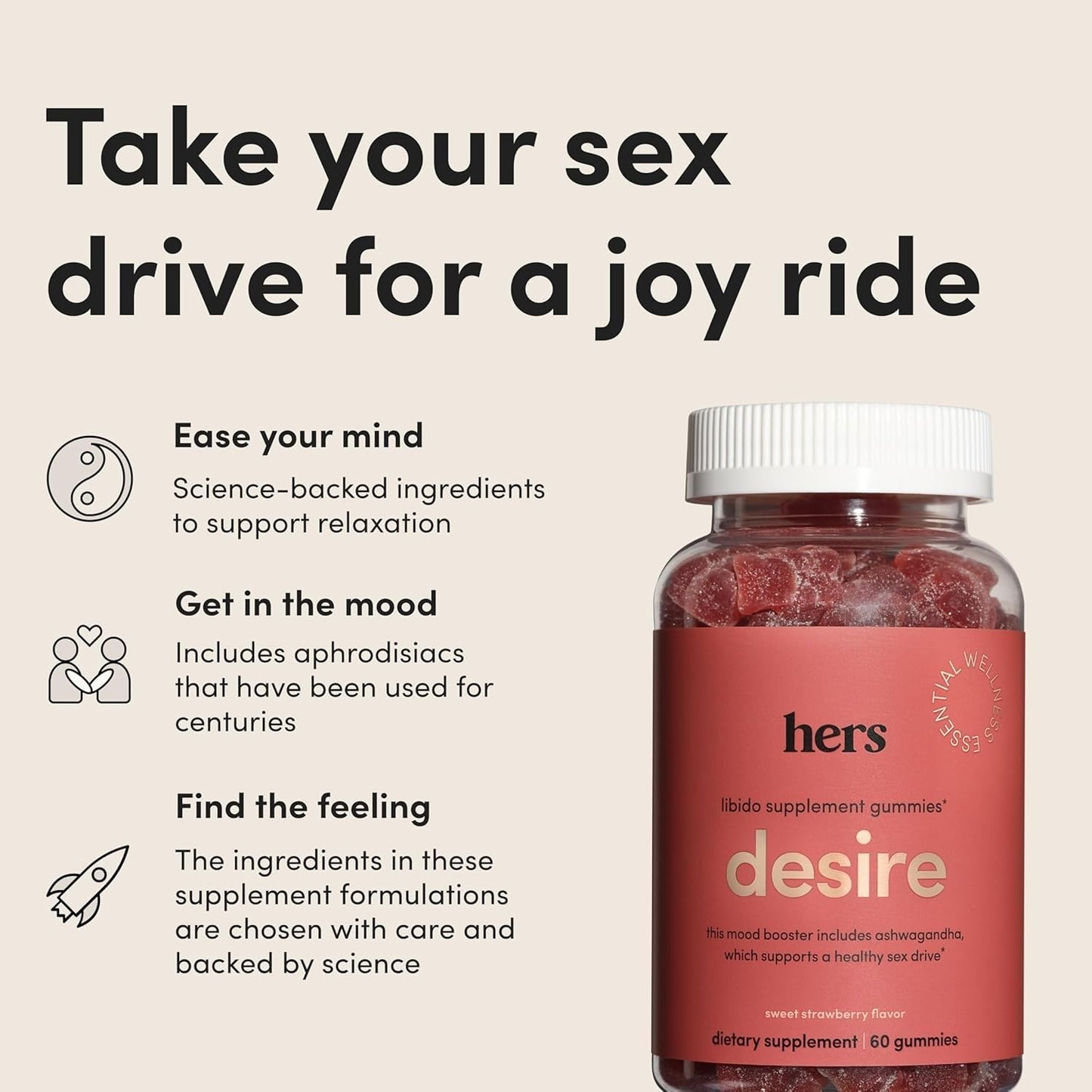 Hims And Hers female arousal gummies bottle with authentic import packaging detail.
