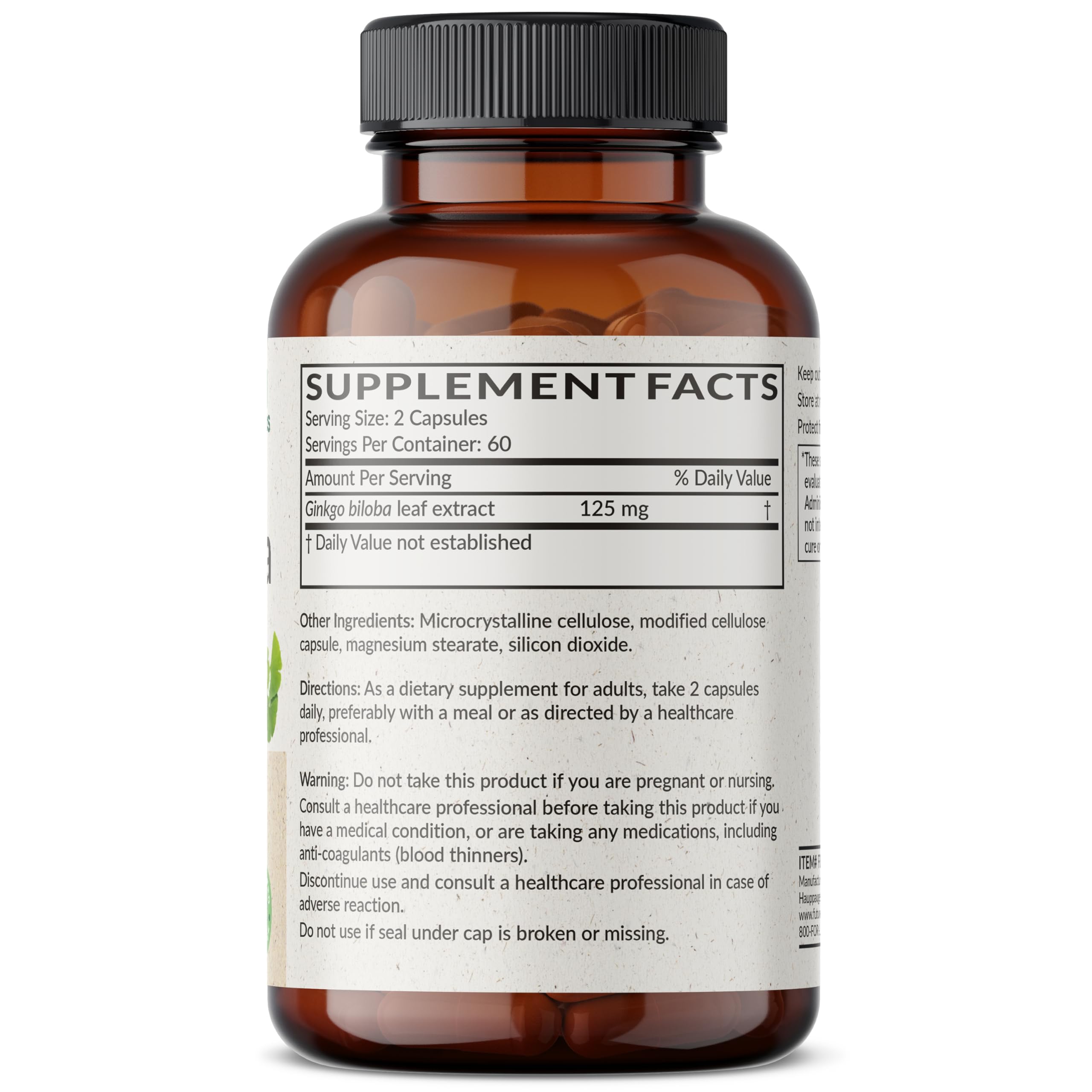 Side angle of the Futurebiotics Ginkgo Biloba supplement bottle detailing nutritional facts and 500 milligram dosage.